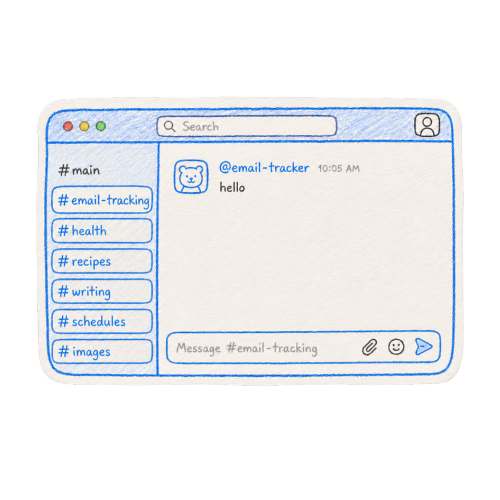 Hand-drawn 1Helm workspace showing a new #email-tracking channel and @email-tracker agent